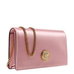 Versace Medusa Crystal Chain Crossbody Pink Satin Fabric New